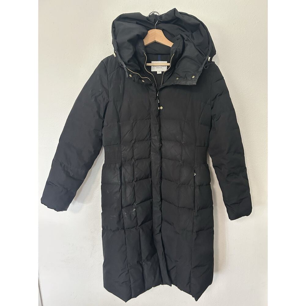 Cole Haan Womens L Black Winter Down Puffer Coat Hood Double Zip Long Parka